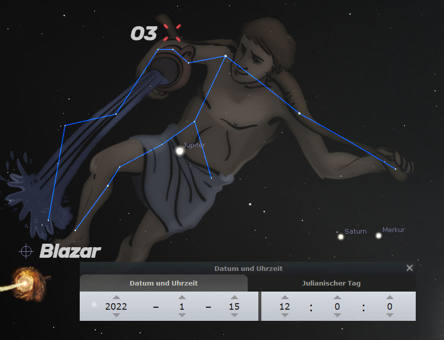 Eine digitale Illustration zeigt eine Visualisierung einer Konstellation im Mazzaroth. Sie wird als menschliche Figur dargestellt, die Wasser aus einer Urne schöpft und die Fruchtbarkeit der Wasserspender am Himmel symbolisiert. Eine blaue Linie verbindet verschiedene Sterne und umreißt die Figur. In der Nähe befinden sich beschriftete Planeten wie Jupiter, Saturn und Merkur. Darunter zeigt eine grafische Oberfläche eine Datums- und Uhrzeiteinstellung mit einem Himmelsobjekt links, das einen Moment in der Himmelszeit visuell veranschaulicht.