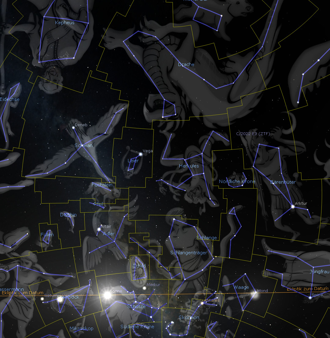 Eine Sternenkarte mit künstlerischen Darstellungen von Sternenkonstellationen, darunter Cepheus, Deneb und Altair, verbunden durch gelbliche Linien, um die Konstellationen zu umreißen, auf einem dunklen Himmels-Hintergrund.