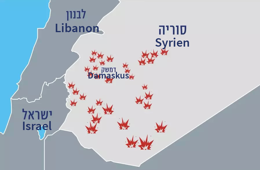 Karte zeigt Israel, den Libanon und Syrien in verschiedenen Grautönen mit vielen roten Blattsymbolen, die überwiegend um Damaskus gruppiert sind. Die Länder- und Stadtnamen sind in Hebräisch und Deutsch beschriftet.