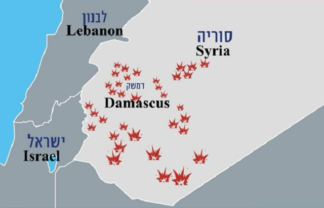 A stylized map showing parts of the Middle East, specifically highlighting Israel to the southwest, Lebanon to the northwest, and Syria. Damascus is marked centrally within Syria. Numerous stylized symbols resembling red leaves or flames are scattered over the area around Damascus.